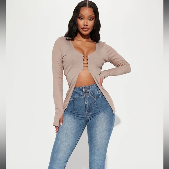 Taupe lace up open front long sleeve - Picture 1 of 3